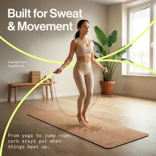 Vista 9 de Ananday Esterilla de yoga de corcho de alta calidad, sostenible, no tóxica y sin PVC, antideslizante, perfecta para yoga caliente, pilates