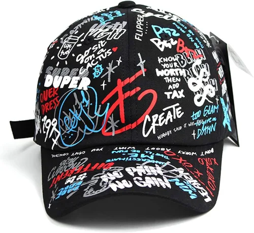 Vista 2 de Flipper Diseñador Graffiti Doodle Gorra de béisbol de algodón para hombres y mujeres, sombrero Kpop con borde curvo, ajustable