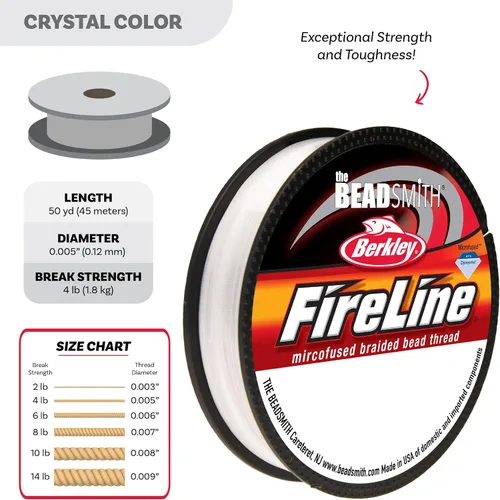 Vista 4 de The Beadsmith Fireline by Berkley - Hilo trenzado microfusionado - Prueba de 4 libras, diámetro de 005"/.12mm, carrete de 50 yardas, color cristal