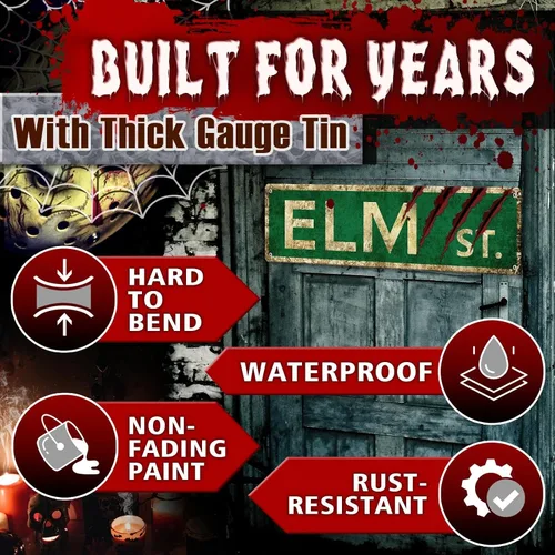Vista 3 de Regalos de Películas de Terror de Navidad Letrero de Elm Street Letreros de Metal Retro Decoración Espeluznante de Halloween, Arte de Pared Póster