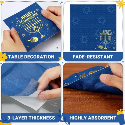 Vista 7 de Honoson 100 servilletas de Janucá desechables de papel, para cócteles, bebidas, invitados, cena, suministros para fiestas de cumpleaños, decoración