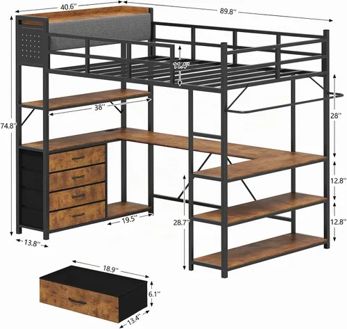 Vista 2 de Cama elevada de tamaño individual con almacenamiento y cabecero tapizado, estructura de cama elevada de metal con escritorio en forma de U y luces