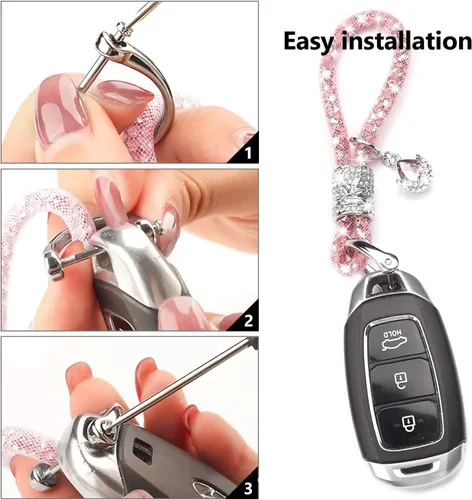 Vista 6 de Jawmoy Paquete de 1 llavero brillante para automóvil, accesorios de llavero de diamantes de imitación, llavero de cristal de metal (rosa)
