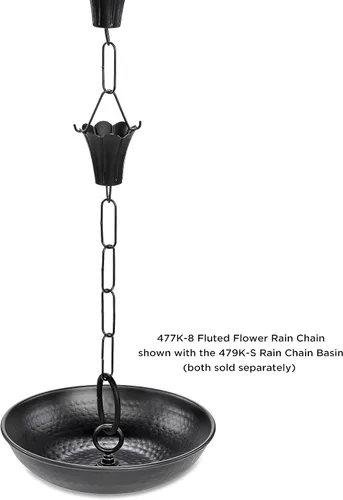 Vista 7 de Cadena de lluvia de aluminio negro con flor acanalada de 8.5 pies con clip de instalación de canalón Good Directions
