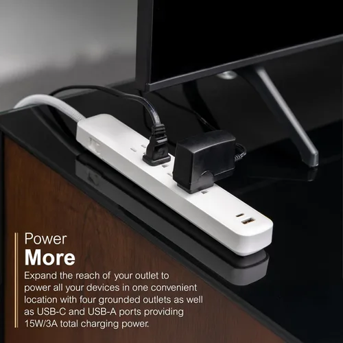 Vista 4 de GE SurGE - Tira de alimentación protectora con puertos USB, cable de extensión trenzado de 3 pies, 1060 julios, extensor de 4 tomas, 1 USB-A, 1
