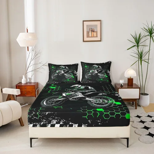 Vista 5 de Castle Fairy Juego de sábanas de motocross tamaño twin, juego de ropa de cama verde con diseño de panal ombré, decoración de habitación de niños
