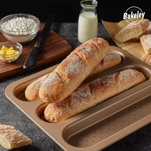 Vista 4 de Molde para hornear pan francés, sartén antiadherente para baguette de 3 ondas para horno, sartén de metal para cocinar tostadas de 15 x 12.6
