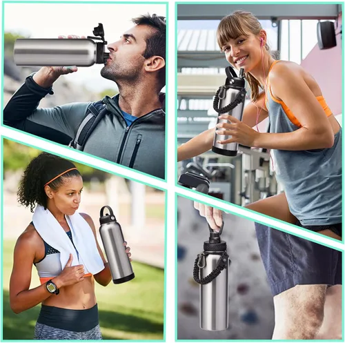 Vista 8 de Botella de agua de acero inoxidable de 40 onzas, aislada al vacío, boca ancha, tapa de pajilla, asa de cuerda de paracaídas, a prueba de sudor