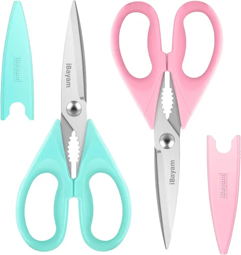 Vista 16 de iBayam Tijeras de cocina multiusos con funda protectora, tijeras de acero inoxidable duraderas, aptas para lavavajillas, mango cómodo de agarre suave