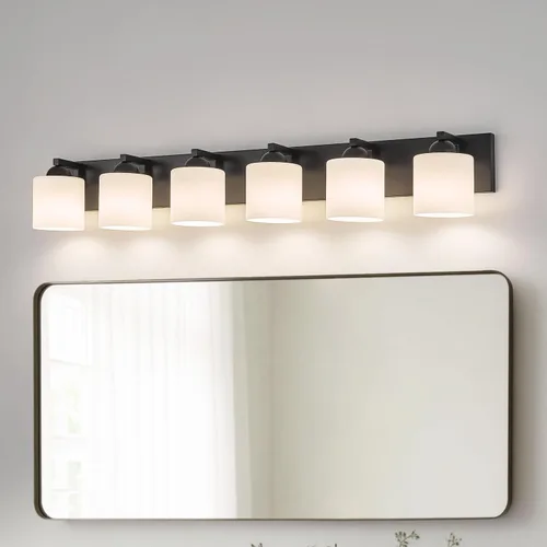 Vista 12 de mirrea Lámpara de tocador negra de 1 luz para espejo, aplique de pared de baño con pantallas de vidrio blanco esmerilado