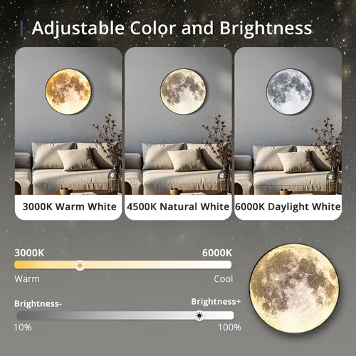 Vista 3 de Lámpara de pared de luna regulable de 9.5 pulgadas con control remoto, moderna lámpara de pared LED enchufable, lámpara de pared negra de 12 W