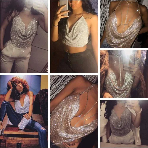 Vista 2 de RARITYUS Camiseta sin mangas sexy con lentejuelas brillantes para mujer, cuello en V profundo, camiseta corta para discoteca, fiesta, rave