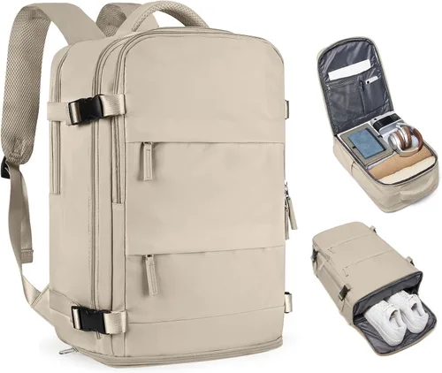 Vista 20 de Mochila de viaje grande, bolsa de mano, aprobada para aviones, para artículos personales, para hombre o mujer, color beige con marrón