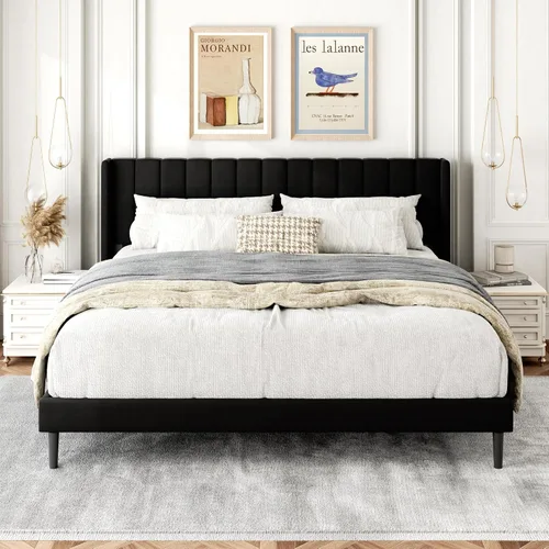 Vista 16 de Gruwans Base de cama de tamaño individual con cabecera tapizada con respaldo de ala, plataforma de fácil montaje, soporte de listones de madera,
