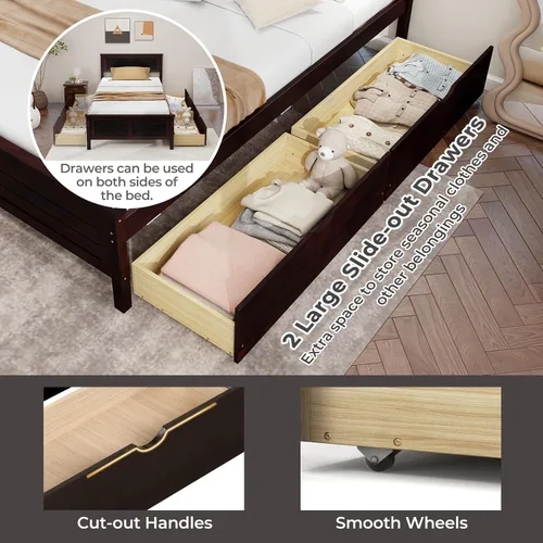 Vista 4 de Giantex Cama individual de madera con 2 cajones de almacenamiento, plataforma de madera maciza con cabecero, base de colchón de soporte de listones