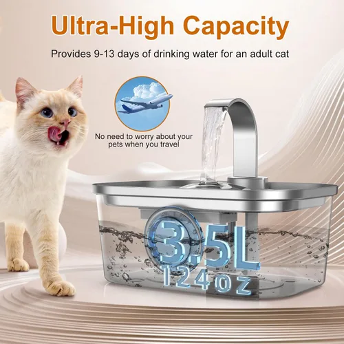 Vista 5 de Bobo&Dragon Fuente de agua para gatos de acero inoxidable, fuente de agua para gatos de 124 oz/3.5 L, dispensador automático de agua para perros