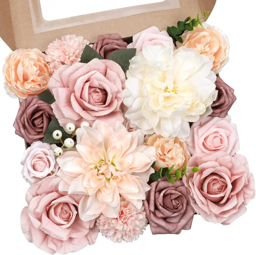 Vista 12 de AmyHomie - Juego de flores artificiales azules, mezcla de seda, peonía, rosa, hortensia, flores falsas con tallo para bricolaje, ramos de boda
