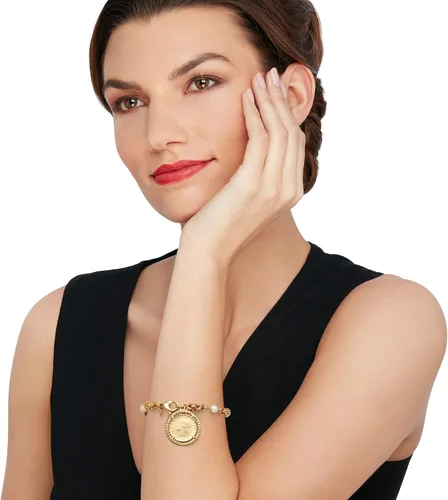 Vista 2 de Ross-Simons Italian 6mm Cultured Pearl and Replica Lira Coin Byzantine Bracelet in 18kt Gold Over Sterling
