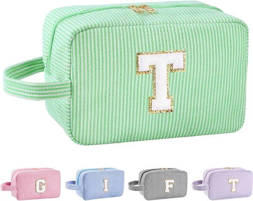 Vista 36 de Bolsa de maquillaje personalizada con inicial A-Z para mujeres, niñas y niños, bolsa de aseo de viaje, bolsa de maquillaje preparada, bolsa