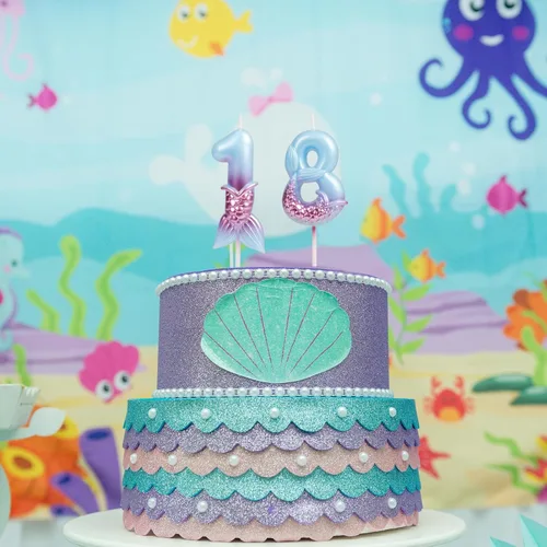 Vista 6 de Velas de cumpleaños con números 7, decoraciones de cumpleaños de sirena, velas de feliz 7 cumpleaños para pasteles, velas de pastel de cumpleaños