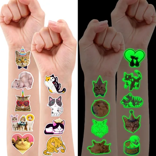 Vista 2 de 96 piezas de tatuajes temporales de gatos que brillan en la oscuridad para niños, calcomanías de tatuaje luminosas falsas para mascotas súper lindas