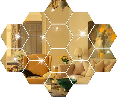 Vista 6 de Juego de calcomanías de pared para bricolaje, espejo hexagonal, decoración de sala de estar, dormitorio (dorado)