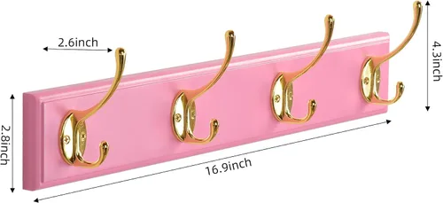 Vista 4 de Perchero de bambú para montaje en pared, 17 pulgadas, 4 ganchos dobles, paquete de 2, rosa y dorado