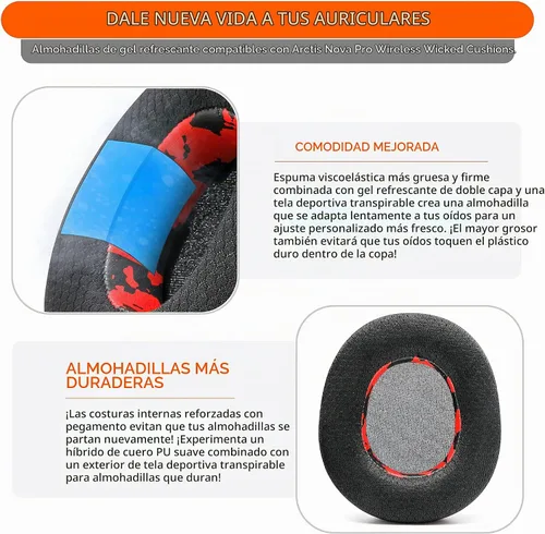 Vista 4 de WC Arctis Nova - Paquete de almohadillas de gel refrescante, diadema de silicona y placa de altavoz lateral para Arctis Nova Pro Wireless de Wicked