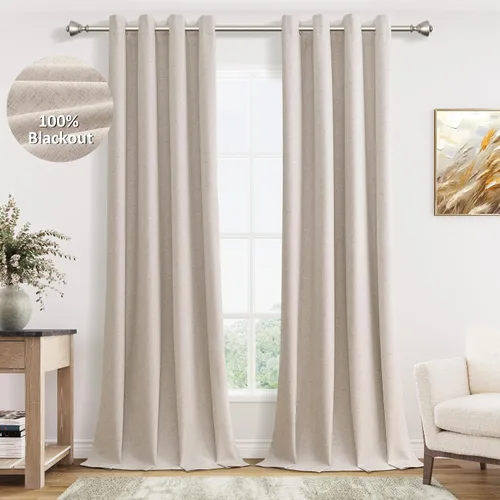 Vista 12 de Beige White Linen Blackout Curtains 90 Length 2 Panels Set for Living Room Bedroom, 100% Black Out Thermal Insulated Linen Drapes, Room Darkening