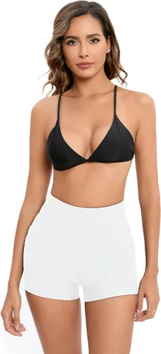 Vista 4 de HYTENSUN Pantalones cortos de natación de cintura alta con corte en V para mujer, pantalones cortos fruncidos con lazo lateral
