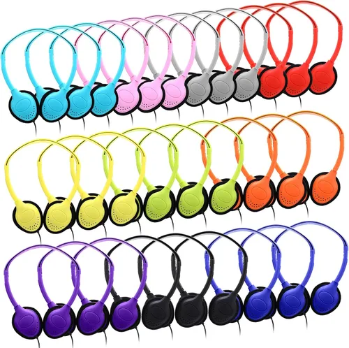 Vista 10 de Yunsailing Paquete de 10 auriculares con cable sobre la oreja a granel para estudiantes de aula escolar, diadema ajustable con conector de 0.138 in