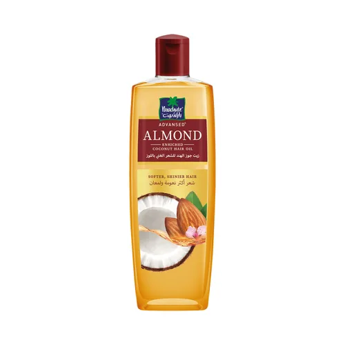 Vista 2 de Aceite para el cabello de almendra y coco Parachute Advansed Para cabello suave y sedoso Aumenta el brillo y la suavidad Sin parabenos ni