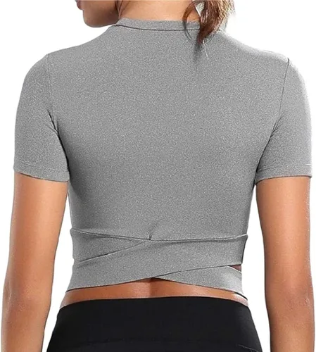 Vista 2 de Bontierie Camiseta corta de cuello redondo para mujer camiseta deportiva de manga larga o corta para yoga fitness correr camisetas sin mangas