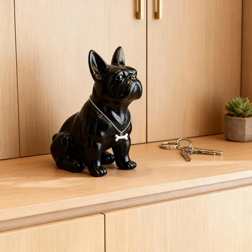 Vista 9 de Estatua negra de bulldog francés, estatua de pug sentado de resina, escultura de bulldog inglés para decoración del hogar, decoración de escritorio