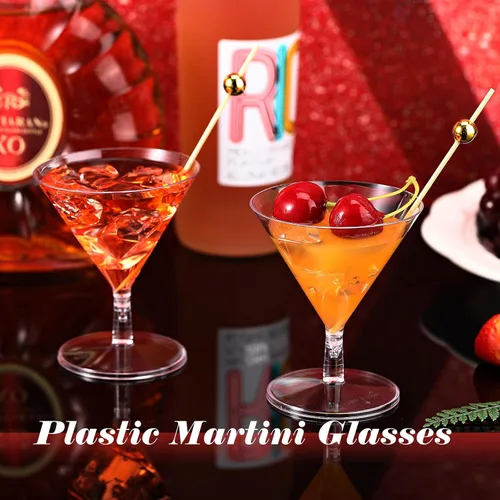 Vista 6 de Irenare Juego de 100 vasos de Martini de plástico transparente y púas de cóctel, vasos de Martini desechables, mini vasos de postre transparentes
