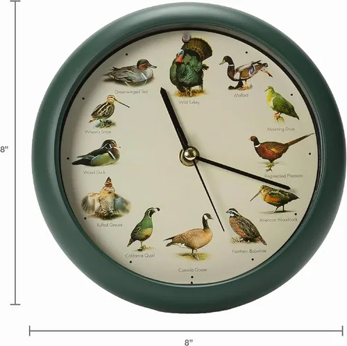 Vista 2 de Mark Feldstein, reloj cantando aves de caza salvaje de América del Norte, 8 pulgadas, verde