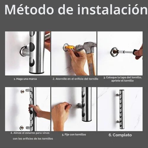 Vista 3 de Estante de vino de pared, acero inoxidable, soporte para vino montado en la pared para 8 botellas