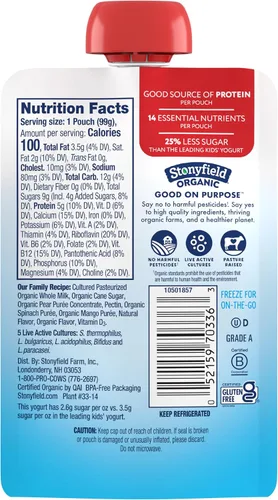 Vista 9 de Stonyfield Organic Kids - Bolsa de yogur de leche entera de pera, espinacas, mango, 3.5 onzas, 1 unidad, fruta y verduras reales; baja en grasa, sin