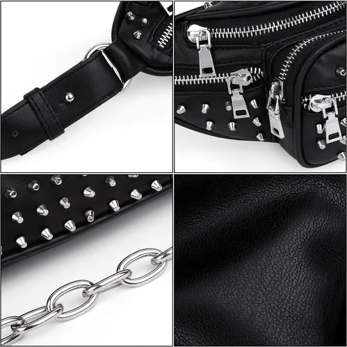 Vista 4 de UTO Fanny-Pack-for-Women's - Riñonera vegana de cuero con remaches tachuelas, ligera, con cremallera, bolsillo al hombro, 0879 Negro