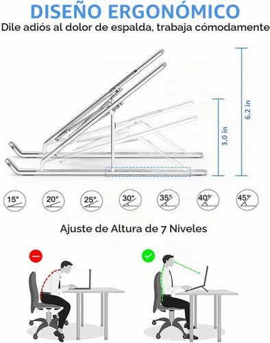 Vista 6 de Soporte para laptop, soporte portátil plegable de aluminio ajustable, almohadilla de silicona antideslizante completa, elevador de computadora