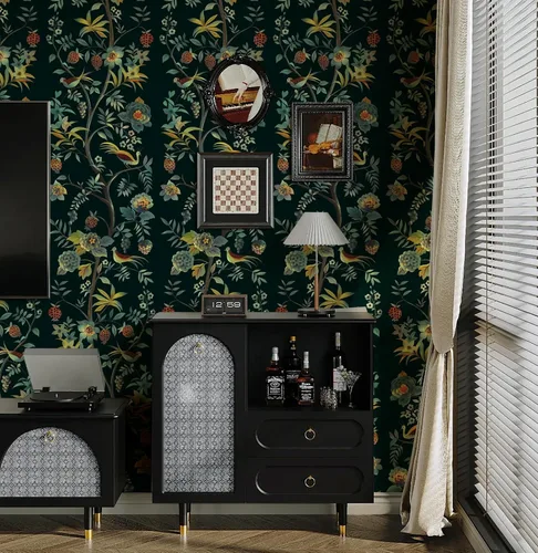 Vista 8 de Toduso Papel tapiz para despegar y pegar, papel tapiz floral vintage, papel de contacto con flores verdes, pájaros, árbol, papel de contacto