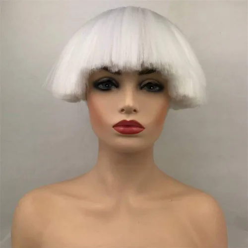 Vista 2 de Aimole Pelucas sintéticas rectas cortas Yaki blanco hongo cabeza peluca Bowl corte de pelo pelucas Bob (1001 blanco)