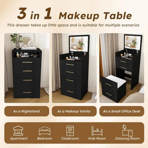 Vista 2 de Runboll 3 in 1 Small Vanity Desk with Open Top Mirror, Small Dressing Table with Visible Glass Desktop, Compact Makeup Vanity with 3 Drawers