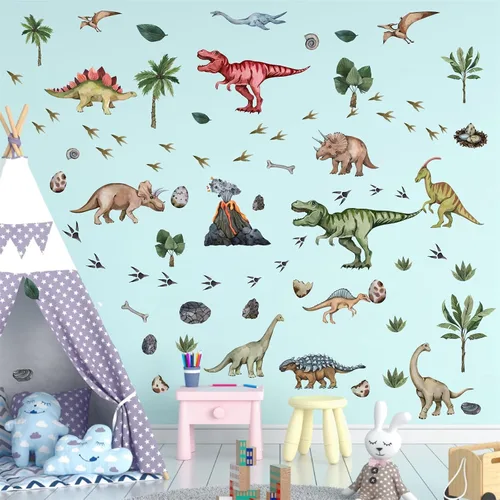 Vista 4 de Calcomanías de pared grandes de dinosaurio para despegar y pegar, calcomanías de pared de huellas de dinosaurio, hojas tropicales, palmeras