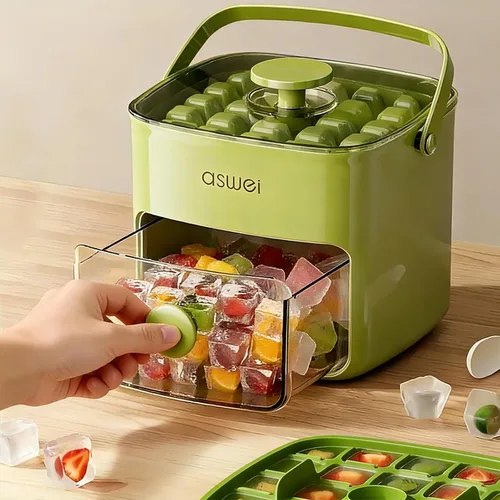 Vista 3 de Bandeja compacta para cubitos de hielo con tapa y contenedor, mini máquina de cubitos de hielo tipo prensa para congelador, cubo de hielo pequeño