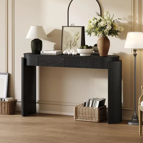 Vista 12 de 50" Modern Art Sculptural Console Table, Oval Cutout Legs, Wood Veneer, Thick Rounded Tabletop, Contemporary Entryway Sofa Table for Living Room