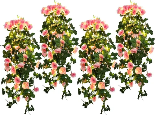 Vista 32 de RECUTMS - Guirnalda de flores artificiales colgantes de rosas negras, 2 guirnaldas florales falsas de 3.3 pies con 30 luces LED para pared
