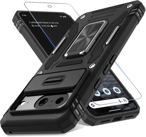 Vista 31 de DEERLAMN Funda para Google Pixel 8 con cubierta deslizante para cámara + protector de pantalla (1 paquete), soporte de anillo giratorio grado