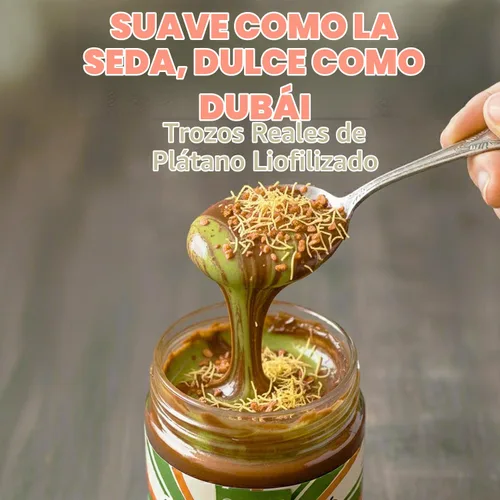 Vista 3 de Chocolate Untable de Dubai con Plátano Liofilizado – Untable Premium de Pistacho con Phyllo Tostado – Chocolate Gourmet para el Desayuno – Frasco
