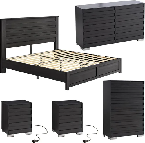Vista 16 de Juego de 5 piezas para dormitorio de granja, incluye marco de cama tamaño Queen con cabecera alta, cómoda rústica de 6 cajones, cómoda alta de 5
